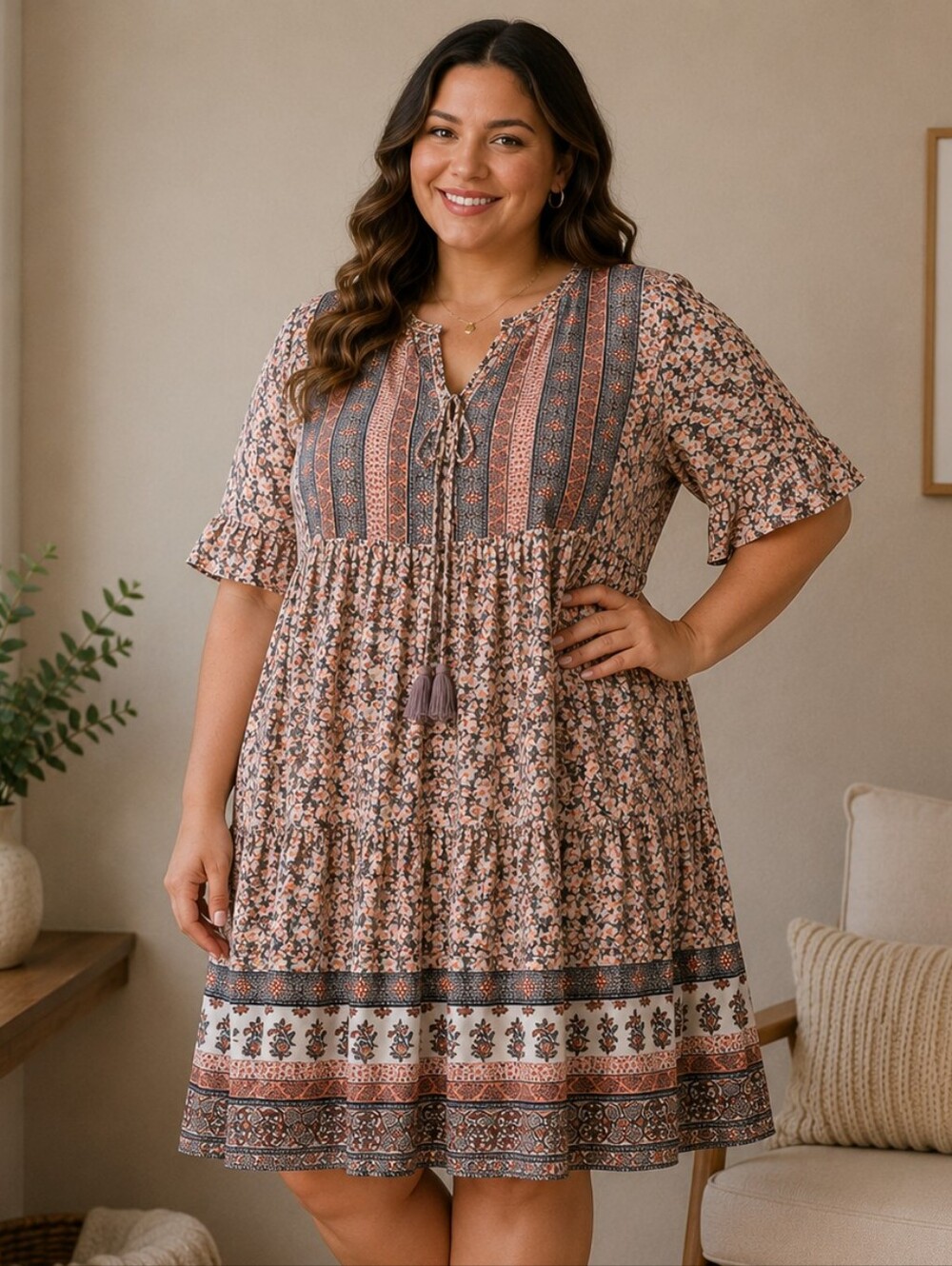 Knox Rose Cream and Peach Floral Boho Blouse